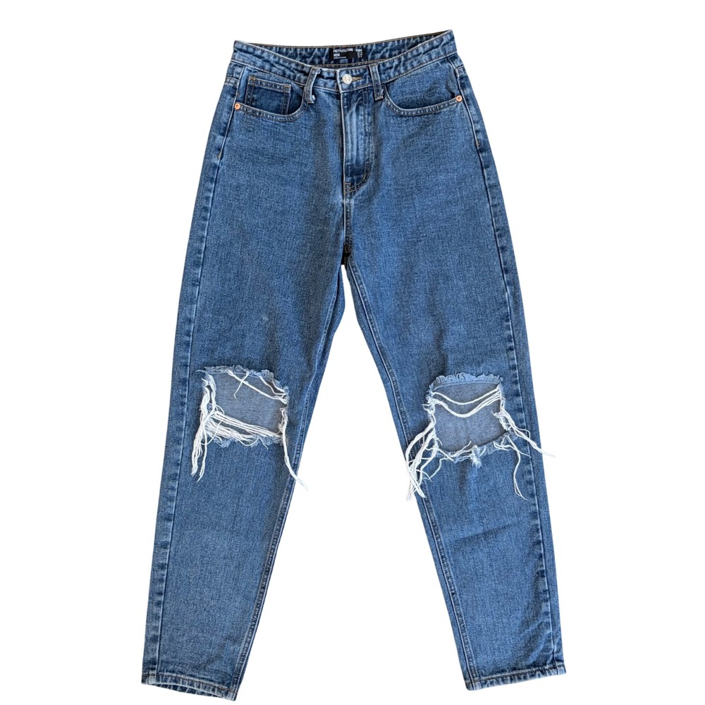 PrettyLittleThing Mom Jeans 6 Distressed Blue High Rise Waist Ripped Denim Pant